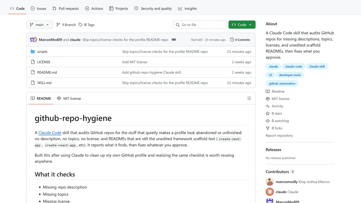 The GitHub page for marcosmodly/github-repo-hygiene-skill. The About sidebar carries a full description, six topic tags (claude, claude-code, claude-skill, cli, developer-tools, github-automation), an MIT licence, and a written-out README, none of the gaps the skill looks for.