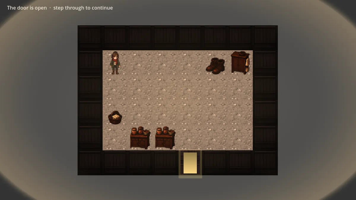 The same Entryway room once solved: every object home and back in full colour, the target markers gone, the exit door lit and open.