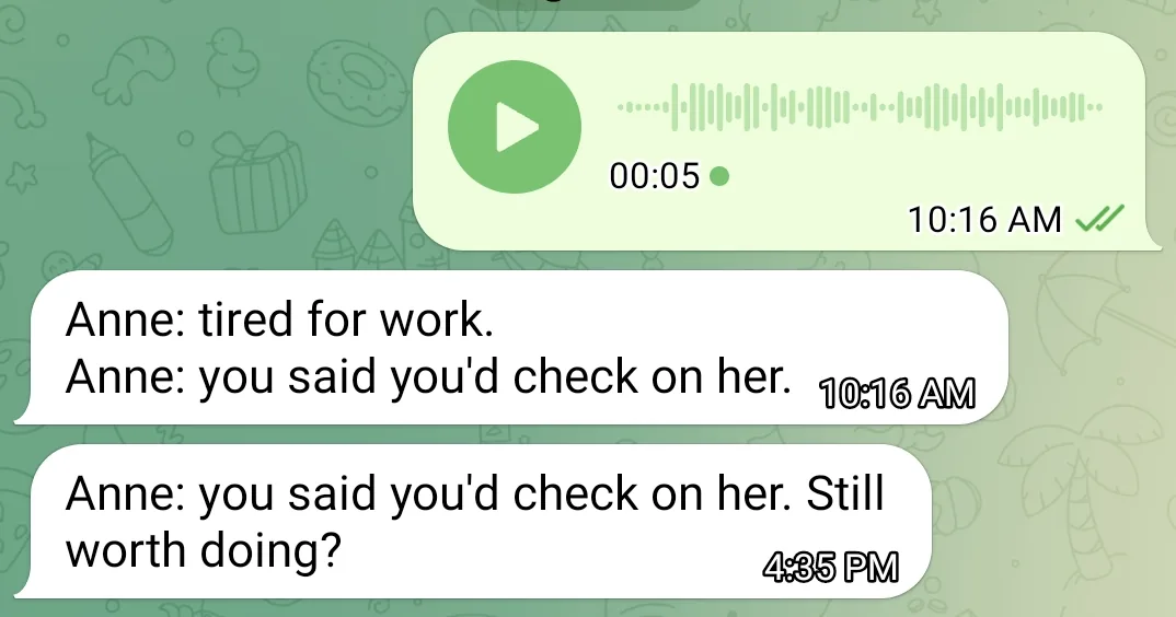 A chat thread: a 5-second voice note sent to the bot, then two reminder messages back. The first, hours later: 'Anne: tired for work. Anne: you said you'd check on her.' The second, that afternoon: 'Anne: you said you'd check on her. Still worth doing?'