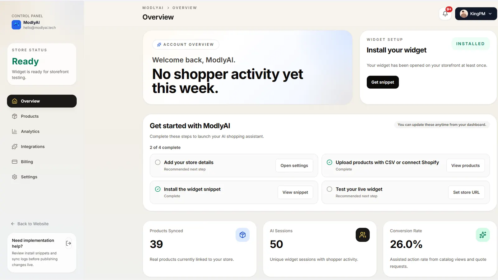 The merchant dashboard Overview for the demo store: header 'No shopper activity yet this week', the widget marked 'Installed', an onboarding checklist reading '2 of 4 complete' with 'Upload products' and 'Install the widget snippet' ticked from real state, and stat tiles showing 39 products synced, 50 AI sessions, 26.0% conversion rate.