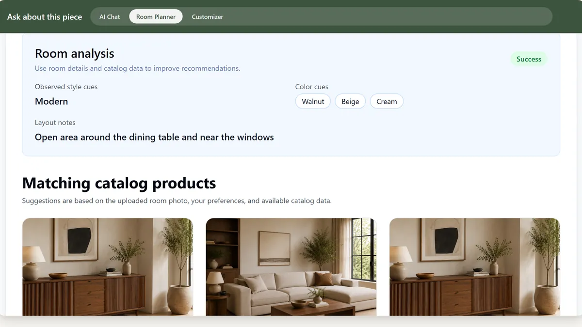 The Room Planner's analysis panel after processing the sample room: a green 'Success' badge, 'Observed style cues: Modern', 'Color cues: Walnut, Beige, Cream', and 'Layout notes: Open area around the dining table and near the windows', above the start of the matching catalog products list.
