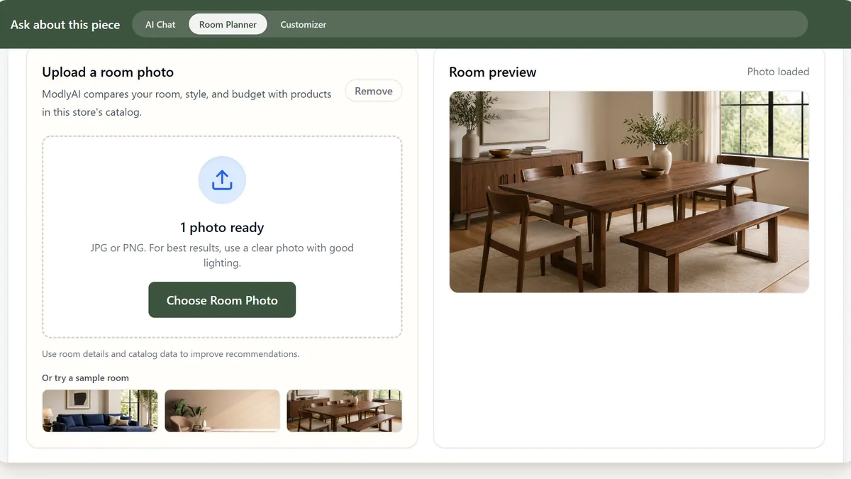 The widget's Room Planner tab with a sample dining room photo loaded into the Room preview panel, labelled 'Photo loaded'. No products have been placed yet.